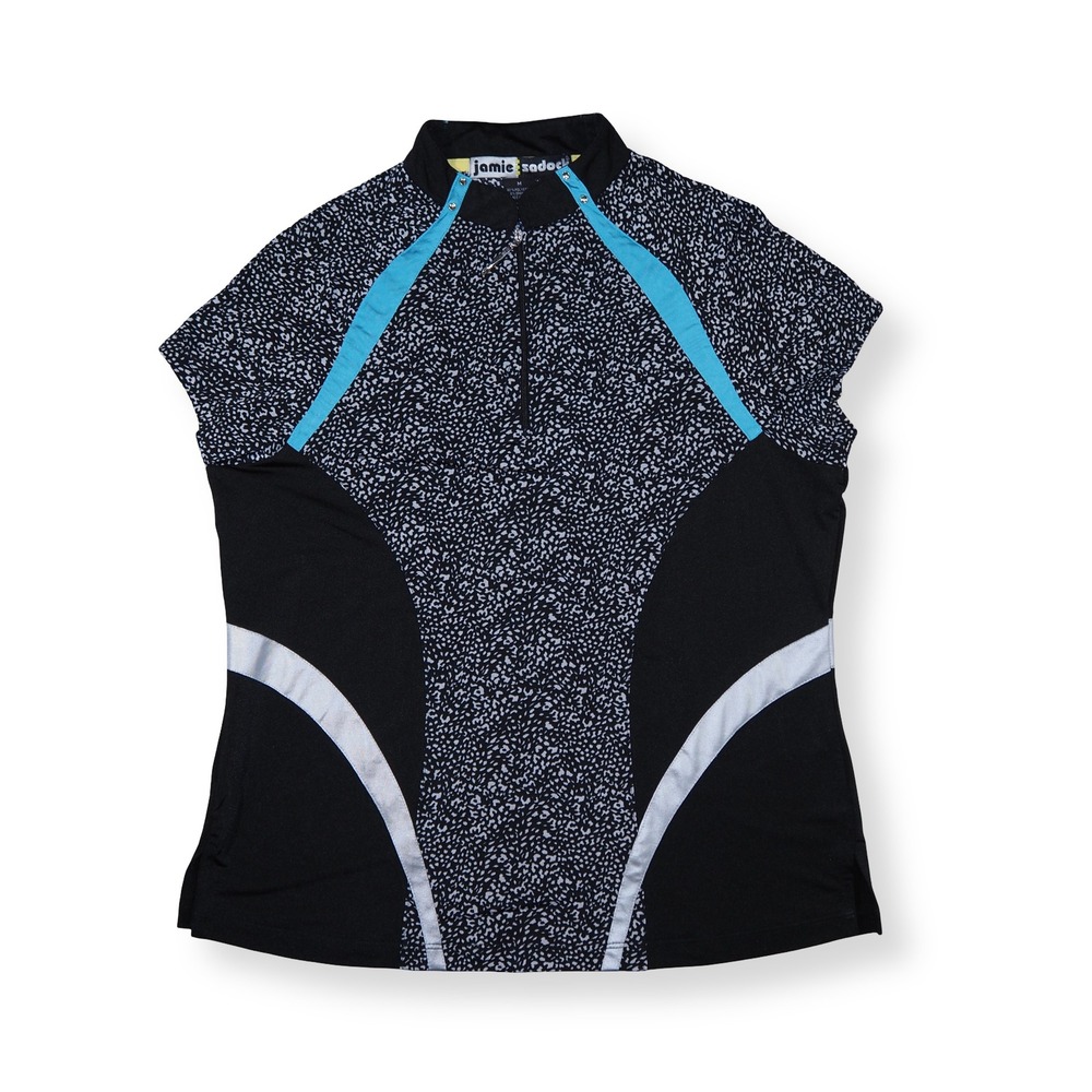 Jamie Sadock Tennis Golf Shirt Women M Black Blue‎ Vintage Pebble Print 1/4 Zip